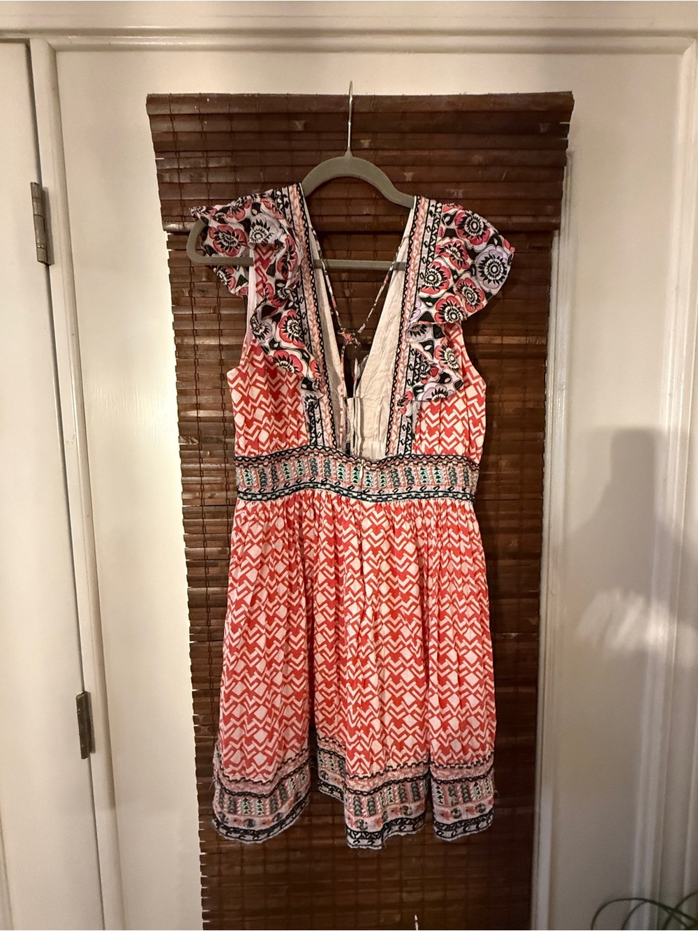 Anthropologie Flutter Printed V-Neck Mini Dress - Coral, Sz 12, guc - Picture 9 of 12
